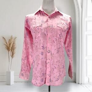 Vintage 70s Western Pearl Snap Size 16 Pink Floral Cotton Blend Broken In Rodeo